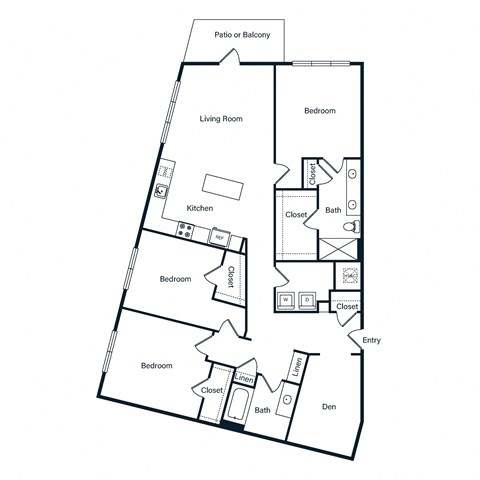 Floor plan for 3 beds, 2 baths, 1383 sqft